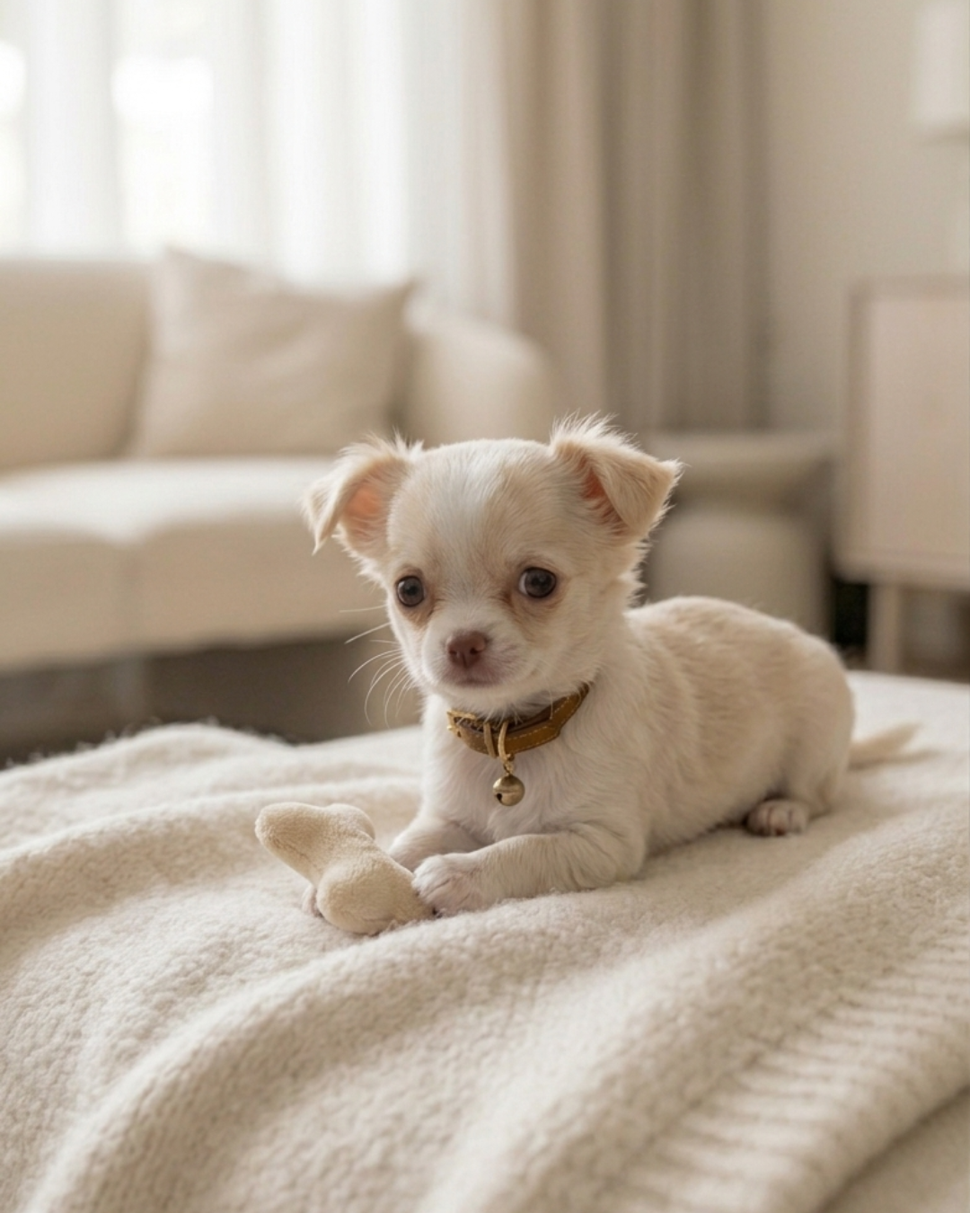 Chico, um chihuahua de pelo longo, deitado sobre uma manta bege