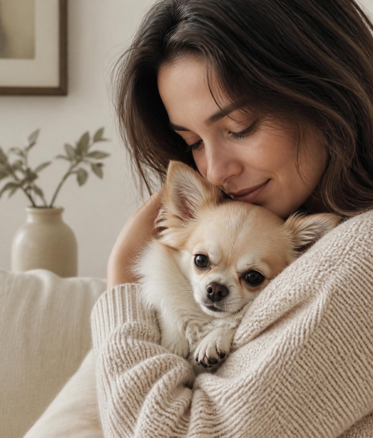 Tutora abraçando seu chihuahua de pelo longo no colo